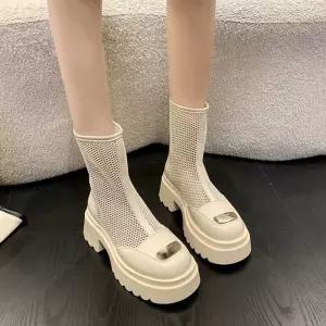 여성 망사 메쉬 부츠 화이트 미들힐 통굽 펀칭 굽높은