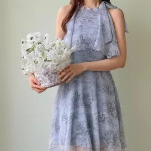 여성 휴양지 스타일 쉬폰 홀터넥 리본 장식 프린트 원피스 (33723087)