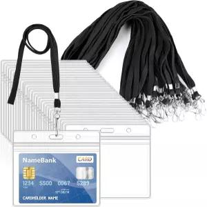 30Pc 투명 플라스틱 수평 이름 태그 배지 ID 카드 홀더 및 30Pcs 블랙 플랫 넥 랜야드(스위블 후크 포함)