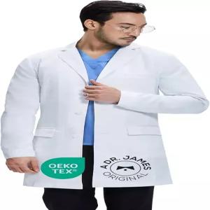 닥터 제임스 상담 스타일의 남성용 프리미엄 랩 코트 멀티 포켓 테일러드 핏 버튼 클로징 길이 36인치