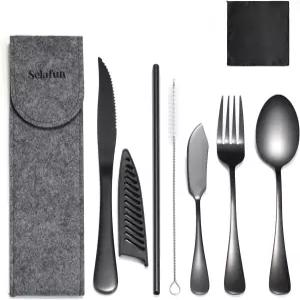 셀라펀 여행 도구 케이스 포함 휴대용 여행용 실버웨어 세트 스테인리스 도시락 식기 작업 캠핑 피크닉