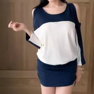 [신상오픈런]여성 긴팔 미니 원피스 어깨 컷아웃 골지 디자인 투톤 배색 (40854959)