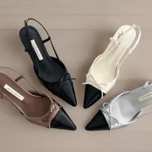 [신상오픈런]여성 배색 리본 슬링백 미들힐 가벼운 끈 구두 (34324599)