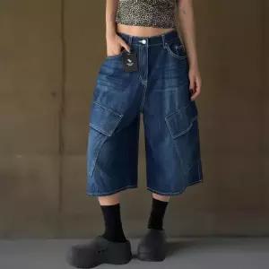 [신상오픈런]여성 링사 버뮤다 청바지 스티치 포켓 빅카고 반바지 (38284310)