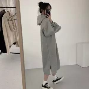 여성 데일리 캐주얼 오버핏 기모 롱 후드 원피스