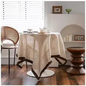 카키 태슬 아메리칸 리넨 솔리드 식탁보 140x160cm