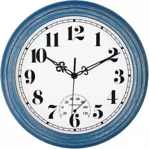 zyzamay 12인치 실내 실외 시계 온도계가 있는 방수 벽 읽기 쉬움 논티킹 배터리 작동 품질의 쿼츠 파티오