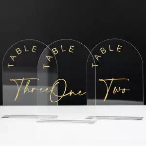 진머리 아크릴 아치 테이블 번호(스탠드 포함) 결혼식용 5x7인치 사인 번호(클리어 골드 폰트 1-10)