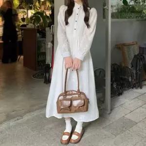 [에이치플러스몰]플라워 펀칭 원피스 A라인 스커트 넥프릴 어깨셔링 원피스