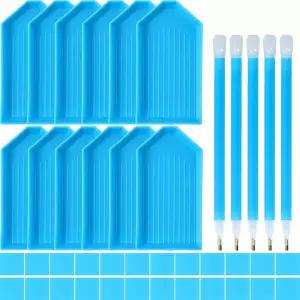 QYING 블루 5D 다이아몬드 아트 도구 및 액세서리 - 12개 플라스틱 트레이 22개의 점토 5개의 펜 DIY 키트