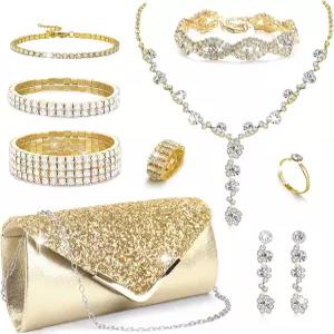 메도조 10pcs 여성용 실버 라인스톤 주얼리 세트 신부 결혼 무도회 이브닝 반짝이 클러치 지갑 가방 목걸이