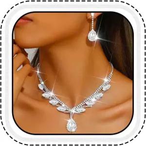 유니크라 라인스톤 신부 결혼식 주얼리 세트 실버 목걸이 귀걸이 여성 및 신부를 위한 공식 프롬 코스튬