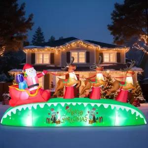 Pechfun 12FT 길이 크리스마스 팽창식 실외 장식 자이언트 블로우 업 마당 산타 썰매와 루돌프 정원 잔디