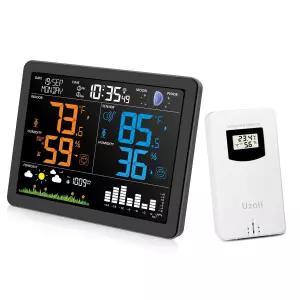 Uzoli EM3566 기상 관측소 무선 실내 실외 원자 시계가 있는 7.4인치 대형 온도 습도 일기 예보 스누즈