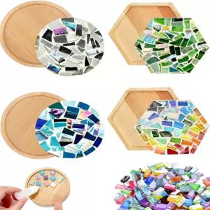 DIY 모자이크 키트 4세트 성인 여성용 혼합 색상 유리 타일 공예 가정 장식 선물용 코스터 제작 완성 (4
