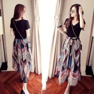 [의류] 투피스 느낌의 여성 플레어 스커트 반팔 롱원피스