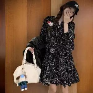 [신상오픈런]여성 리본 플라워 셔링 쉬폰 미니 드레스 (32331426)