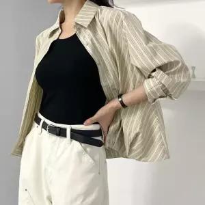 [신상오픈런]블루종 플리츠 세미루즈핏 봄남방 스트라이프셔츠 (30100764)