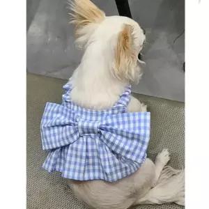 [반려] 강아지 왕리본 체크 크롭 원피스 블루 1P 여름 치마