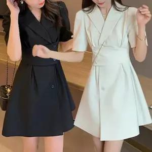 [하프클럽/옷자락]여자 하객룩 사선 더블버튼 카라 미니원피스