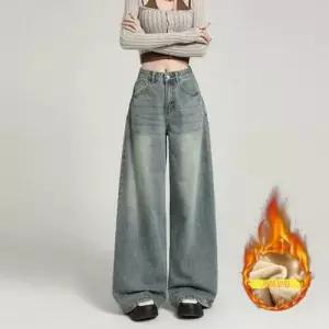 바지 여자 빈티지 겨울 트렌디 아이템 청바지 배기핏 A라인 와이드 기모 배 모양 슬림핏 슬리퍼 HT4