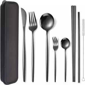 AAARINBOW 8피스 스테인리스 스틸 식기 세트 휴대용 재사용 가능한 여행 도구 젓가락 나이프 포크 스푼