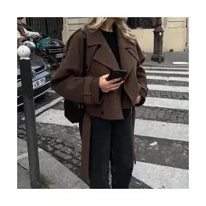 여성 모직 겨울 가을 긴팔 점퍼 정장 자켓 데일룩 넥 코트 스트랩 스트링 DAOL4