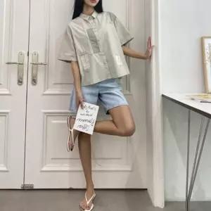 [신상오픈런]여성 독특한 면 스티치 디자인 루즈핏 반팔 셔츠 (36232282)