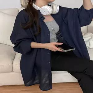 여름까지 쭉 입기 좋은 시스루 스트라이프 루즈핏 셔츠 86672 빅사이즈 여성의류