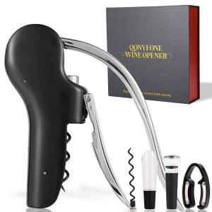 QONYFONE 와인 병 코르크스크류 오프너, 수직 레버 5종 세트, 수동 디자인, 포일 커터, 엑스트라 스파이럴, 푸어 및 스토퍼, 우아한 선물 상자, 블랙 포함