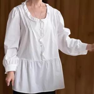 [신상오픈런]여자 가을하객룩 프릴 퍼프 빅사이즈 유넥 면 블라우스 (41433988)