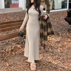 여성 롱기장 슬림핏 A라인 프렌치 니트 원피스 3컬러긴팔 봄가을 데일리 오버 골지