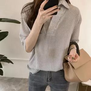 RLD-572 화이트 스트라이프 블라우스줄무늬남방 브이카라셔츠