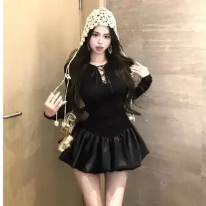 여성 원피스 스커트 미니 빈티지 슬림핏 멜빵 긴팔 가을작은 검정 봉오리 A라인 원픽3