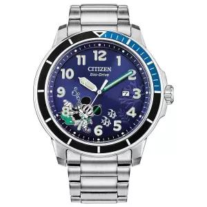 Citizen 시티즌 남성용 Eco-Drive 디즈니 미키 마우스 스쿠버 시계 스테인리스 스틸 블루 다이얼 루미너스