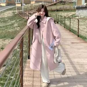 여성 핑크 모직 롱 겨울 트렌디 아이템 점퍼 집업 야구 항공 후드 리버시블 캐시미어 코트 도톰 HT4