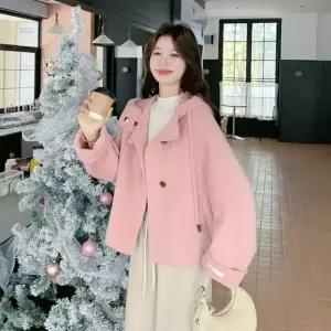 핑크 울 모직 여성 트렌디 아이템 점퍼 집업 야구 항공 후드 양면 코트 겨 쇼트 HT4