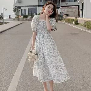 여리 드레스 패턴 밴딩 여름 반팔 원피스프릴 끈원피스 휴양지 스퀘어넥 서스펜더 플레어 데이트룩 썸머 퍼