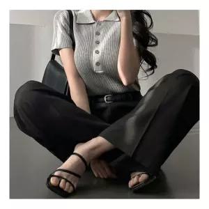 여성용 블랙 카라 반팔 니트 슬림핏여름티 니트팔 데일리룩 베이직 팔티 상의 팔니트