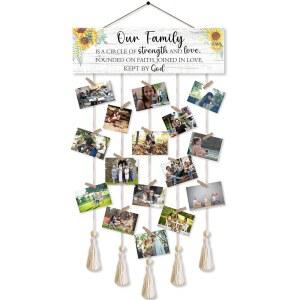 16개의 클립이 있는 걸이 사진 디스플레이 보드 5개의 줄이 소박한 스타일의 그림 콜라주 프레임 벽 장식 나무를 걸어 홈 데코, 집들이 선물, 우리 가족은 힘과 사랑의 원입니다