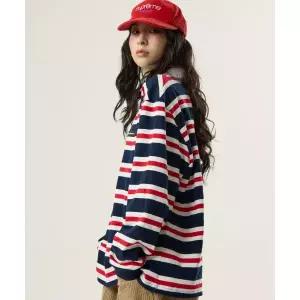 UNKNOWN PLANET 아이비 스트라이프 럭비 카라 셔츠 레드 783233