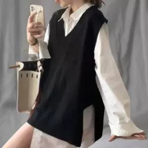 [신상오픈런]여성 그레이 블랙 브이넥 니트 조끼 옆트임 키치 무드 (42006674)