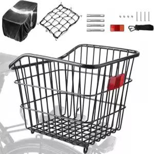 범용 장착 하드웨어 카고 네트 및 방수 커버가 있는 대형 금속 자전거 뒷 바구니 출퇴근 쇼핑 반려동물