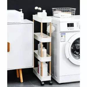 이동식 HMY958L0 4단 선반 우드 봉 이동형 슬림 폭 14cm