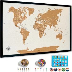 세계 지도 핀 보드 대형 30인치 x20 프레임 컨트리 플래그 메탈릭 및 컬러 핀이 있는 코크 월 여행 여행자