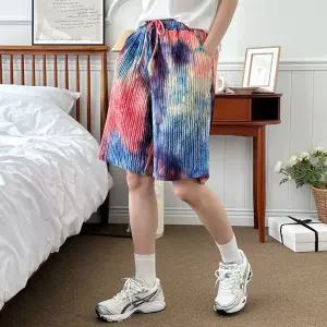 그라데이션 오로라 나염 주름통 여름 바캉스 반바지냉장고 여자 플리츠 팬츠여성 여행 체형커버 허리밴딩
