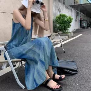 여자 마림 블루 색상 비치룩 휴양지 끈나시 원피스 프릴 여름 레이스 이너 레이어드 랩원피스 청바지 캉캉