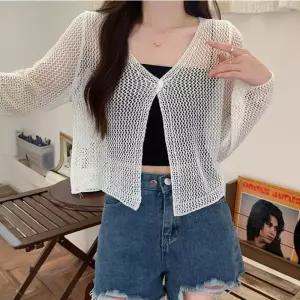 미니멀한디자인 여성 캐주얼 루즈핏 그물 망사 가디건뜨개 예쁜 비치룩 웨어 볼레로 니트로 반팔