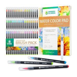 노르베르그 & 린든 리얼 워터브러시 세트 - 수채화 물감 마커 48개, 리필 가능한 1개, 페인팅 패드 드로잉 및 캘리그라피를 위한 나일론 팁 전문가 초보 아티스트를 색칠