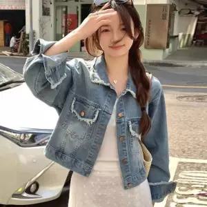 여성 유니크아이템 크롭데님 수술 헤짐디테일 청자켓여자숏 가을 반팔 오버핏 트위드 린넨 오버 여름 하프